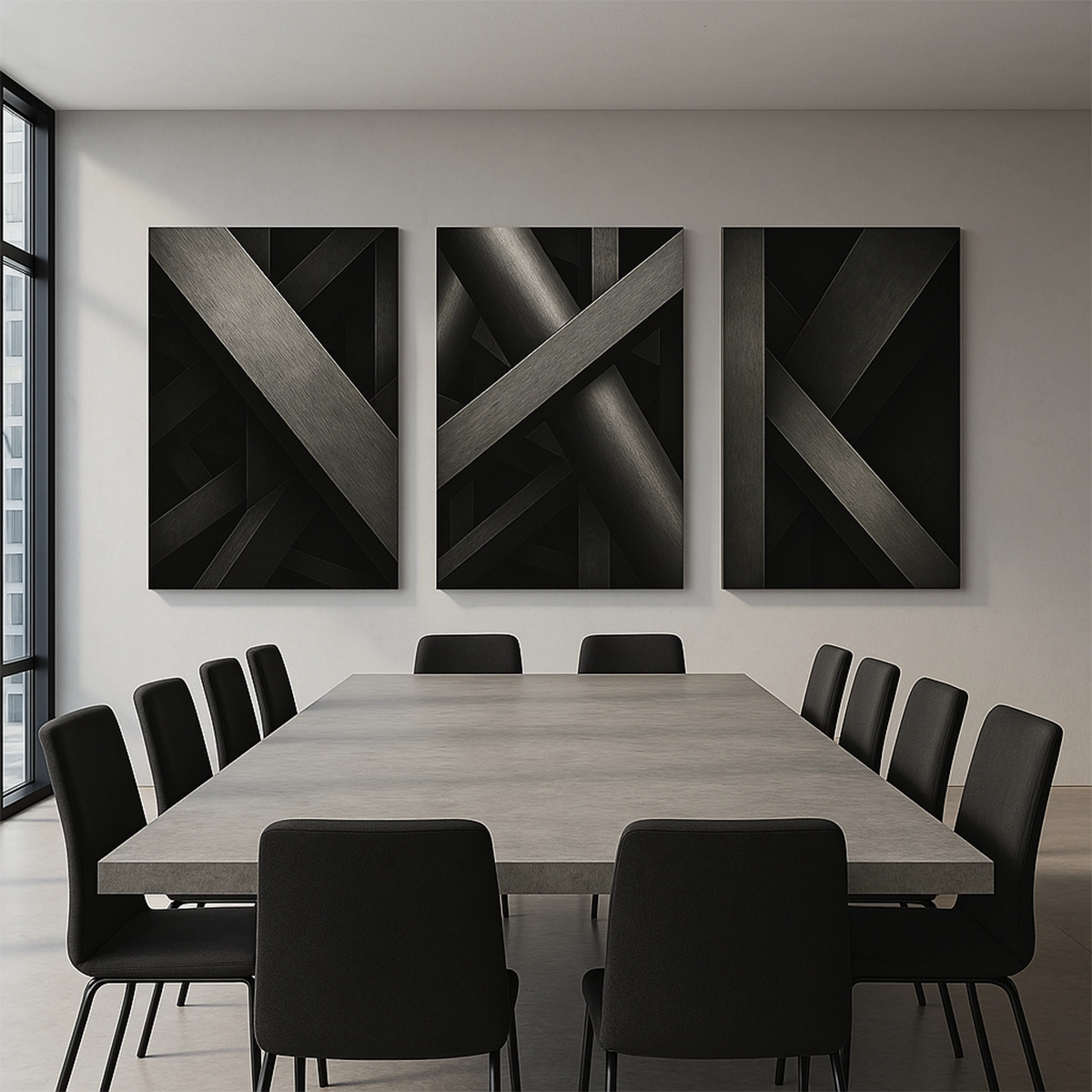 Black geometric abstract triptych above large conference table in modern office