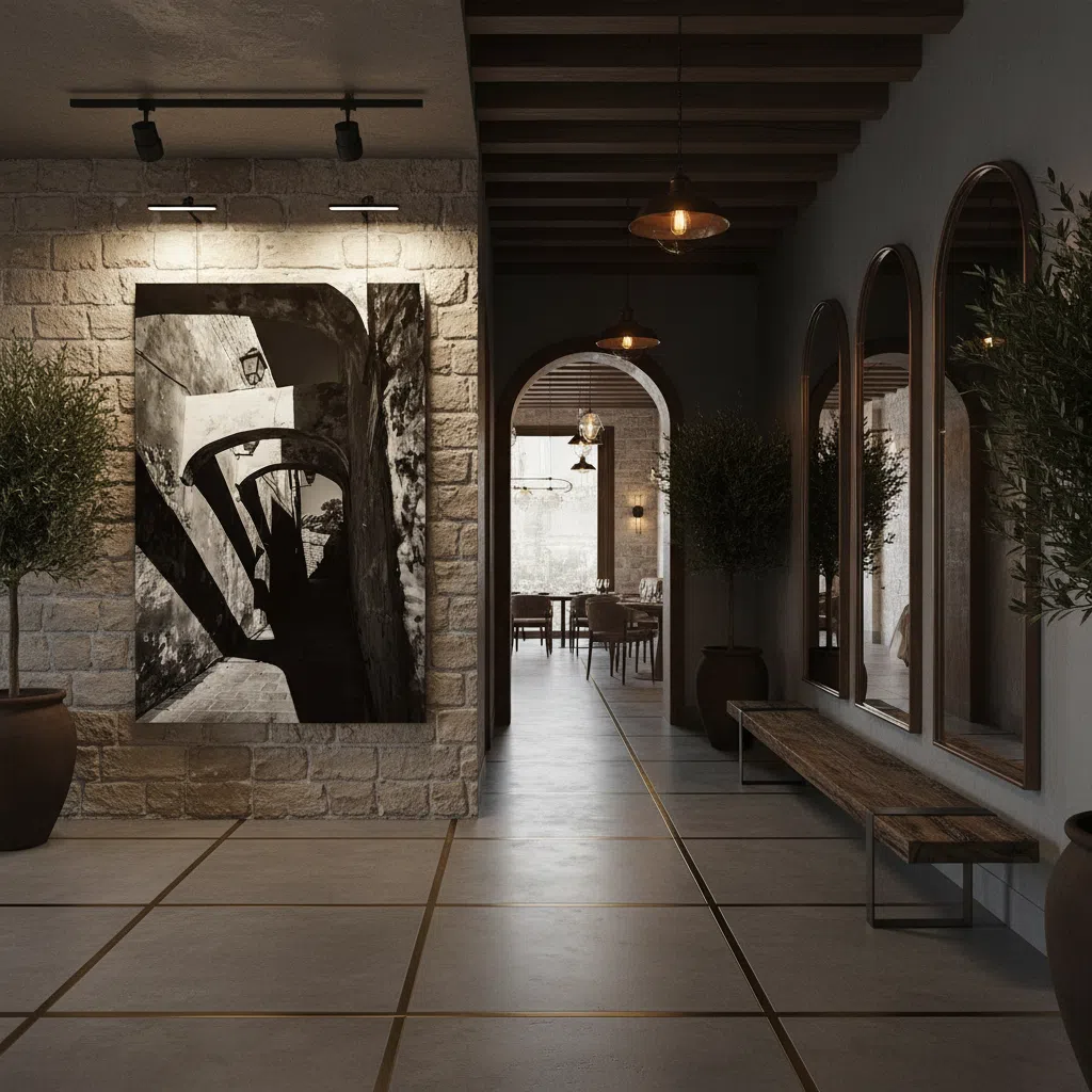 A person walks through the Citadel Gozo Arches, highlighting their grand scale and historical beauty.