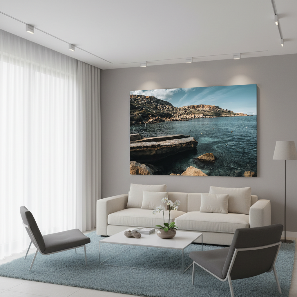 A serene lifestyle shot of the Gozo Dahlet Qorrot Bay, featuring calm turquoise waters, a quaint fishing boat gently bobbing, and a sun-drenched, sandy beach leading to rustic cliffs under a clear blue sky.