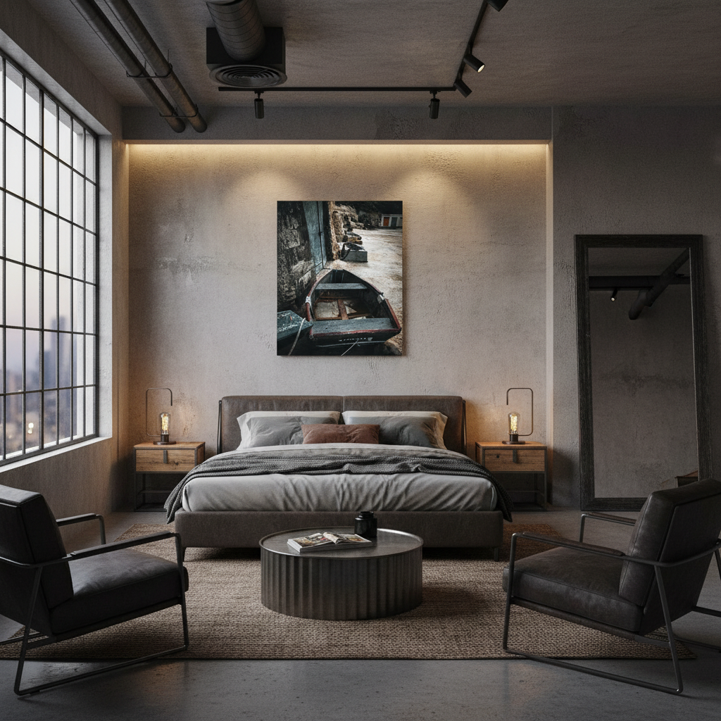 Gozo Dahlet Qorrot Titanic 2 artwork displayed in a stylish living room with natural light, a comfortable sofa, and potted plants, suggesting a serene and artistic home environment.