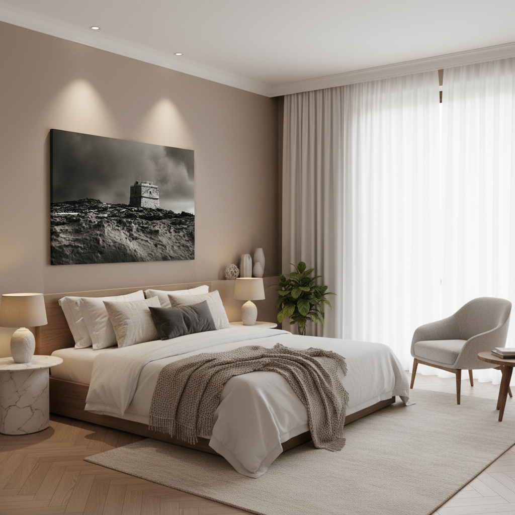 A person stands before the Gozo Dwejra Tower at sunset, admiring the monochrome art print hanging on a rustic stone wall.