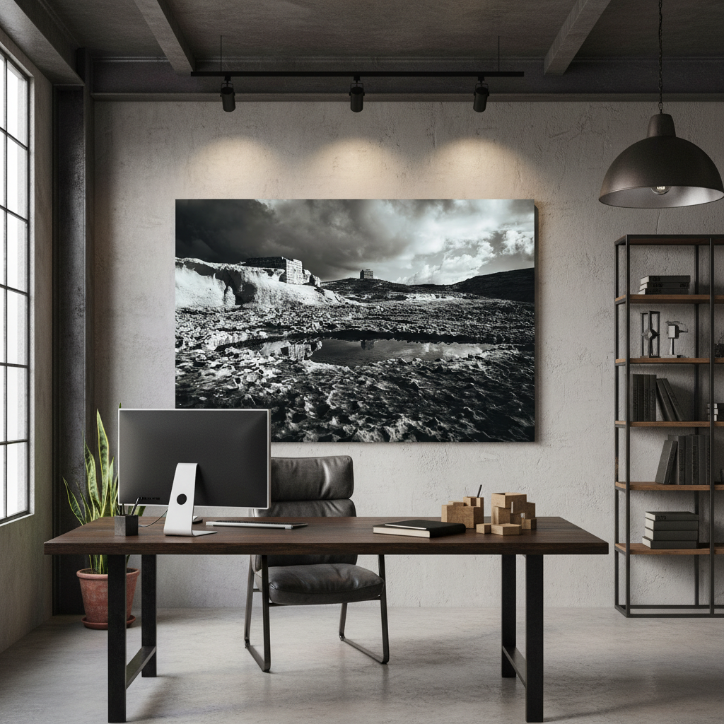 Gozo Dwejra Tower print displayed in a modern living room above a sofa with natural light.