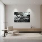 Gozo Dwejra Tower print displayed in a modern living room with a neutral sofa, woven rug, and a fiddle leaf fig plant, bathed in natural light.