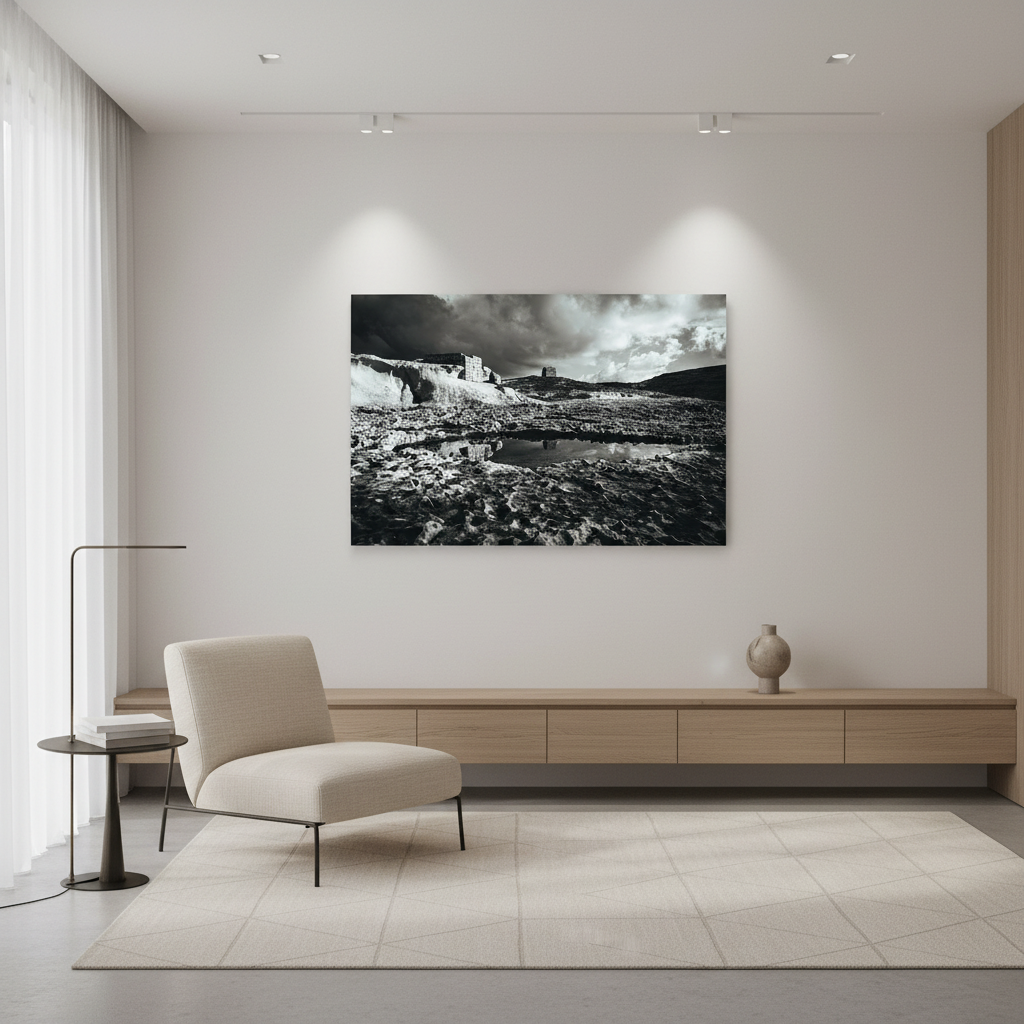 Gozo Dwejra Tower print displayed in a modern living room with a neutral sofa, woven rug, and a fiddle leaf fig plant, bathed in natural light.