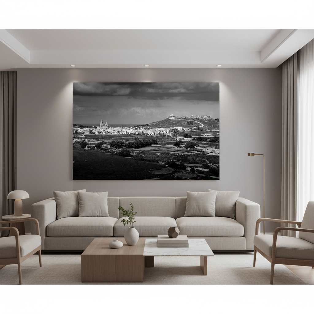 Monochrome photo of a person hiking near the Gozo Ta Gurdan Lighthouse, with a dramatic sky overhead and the rugged coastline visible in the distance.