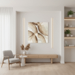 A person's hands are gently holding a pair of "Soft Loops" earbuds while standing in a brightly lit, modern living room with natural light streaming in, suggesting comfort and ease of use in a home environment.