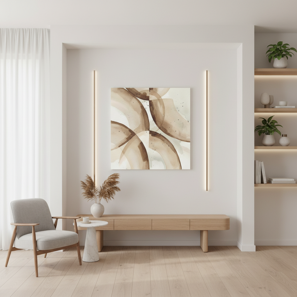 A person's hands are gently holding a pair of "Soft Loops" earbuds while standing in a brightly lit, modern living room with natural light streaming in, suggesting comfort and ease of use in a home environment.