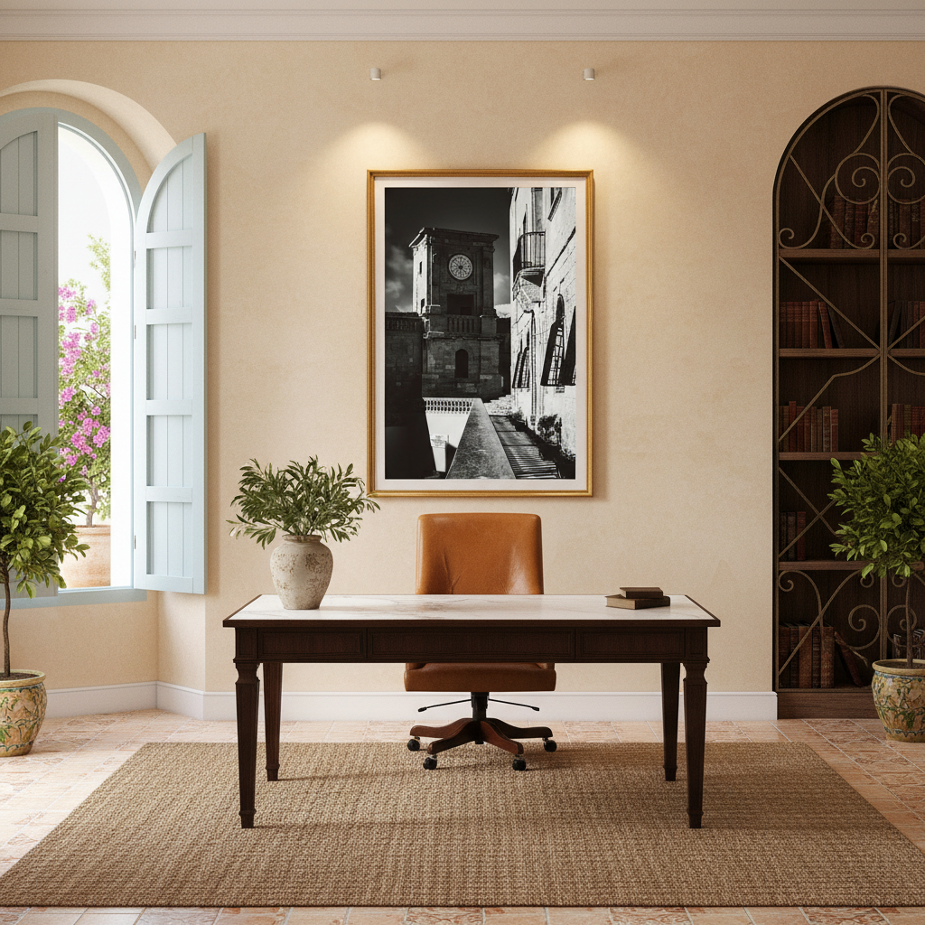 A stylish living room featuring the Citadel Gozo Clock Tower as a decorative wall clock, with a person relaxing on a sofa nearby, suggesting a calm and modern home environment.