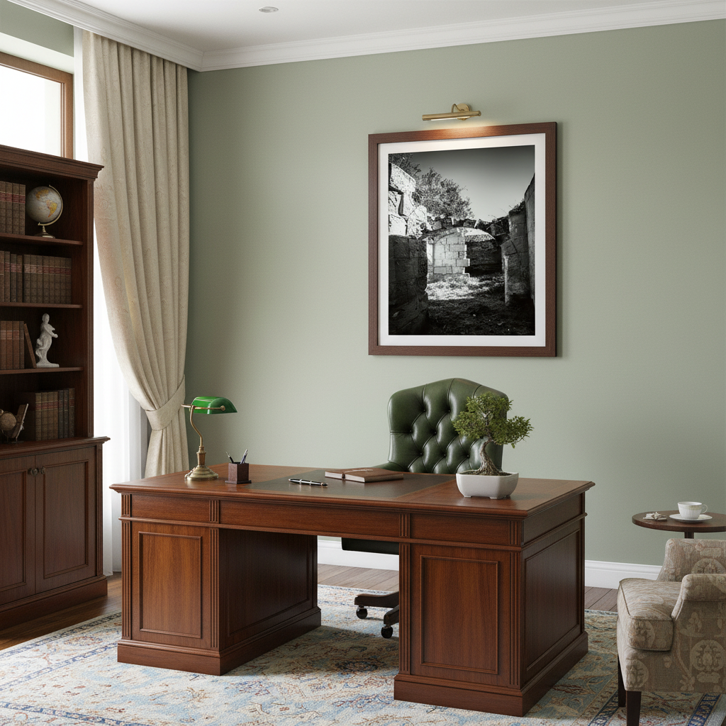 Gozo Citadel Arch Monochrome print displayed in a modern living room with a neutral color scheme, a fiddle-leaf fig plant, and natural light.