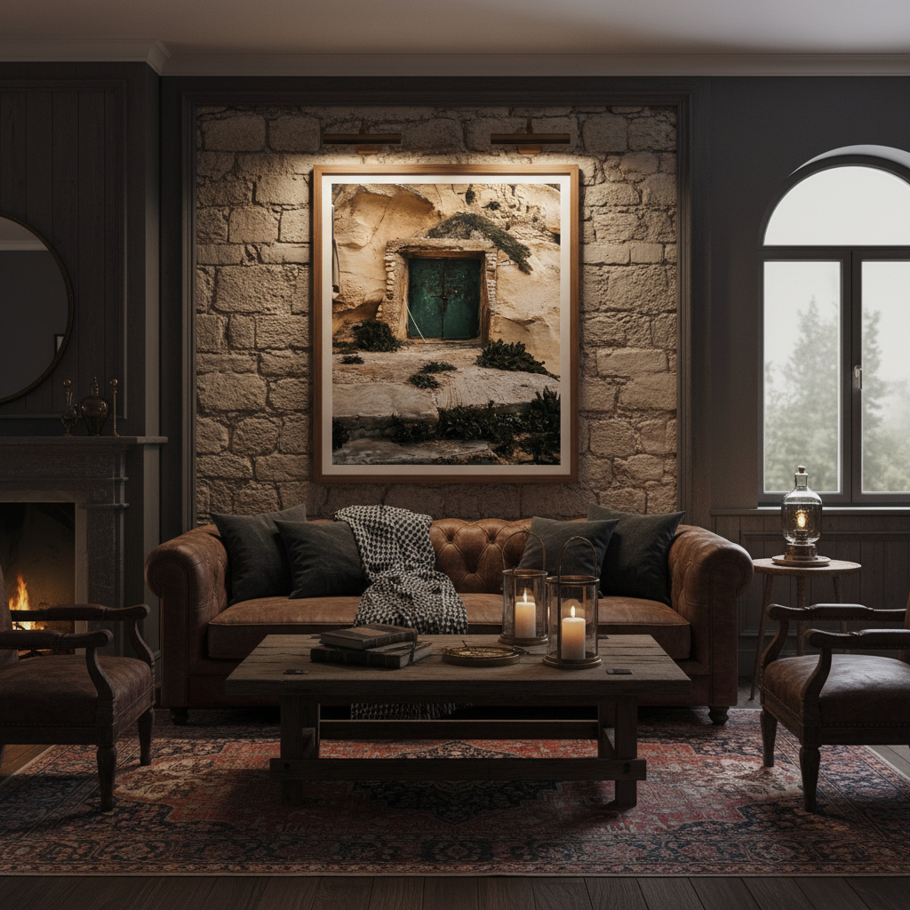 A person in a sun hat walks past an old stone building with a vibrant green door, set against a backdrop of a clear blue sky and lush Mediterranean vegetation. The scene evokes a serene, rustic charm.