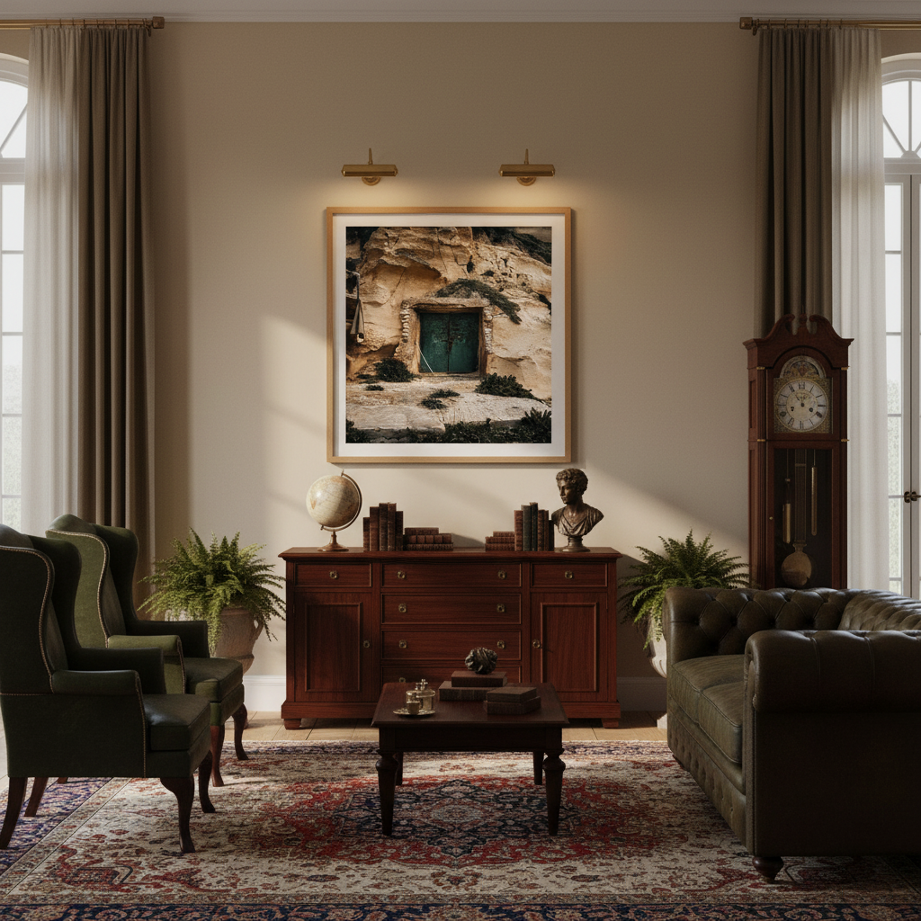 A person in a straw hat walks past a vibrant green door with traditional Maltese architectural details, a narrow street, and terracotta pots with plants in the foreground, suggesting a peaceful, rustic Mediterranean lifestyle. The sunlit scene evokes a sense of calm and vacation.