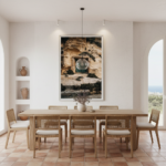 A person in a straw hat and white dress stands in front of a green door with a traditional Maltese balcony, a potted plant to the side, and sunlight illuminating the scene, evoking a serene Mediterranean atmosphere.