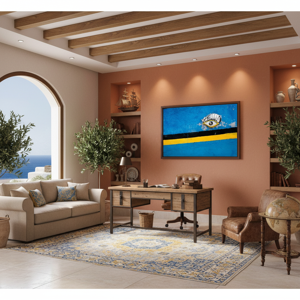 A "Gozo Luzzu Eye on Blue" ornament sits on a rustic wooden shelf next to a potted succulent and a stack of coffee table books, with natural light filtering in from a nearby window, creating a cozy and inviting atmosphere.