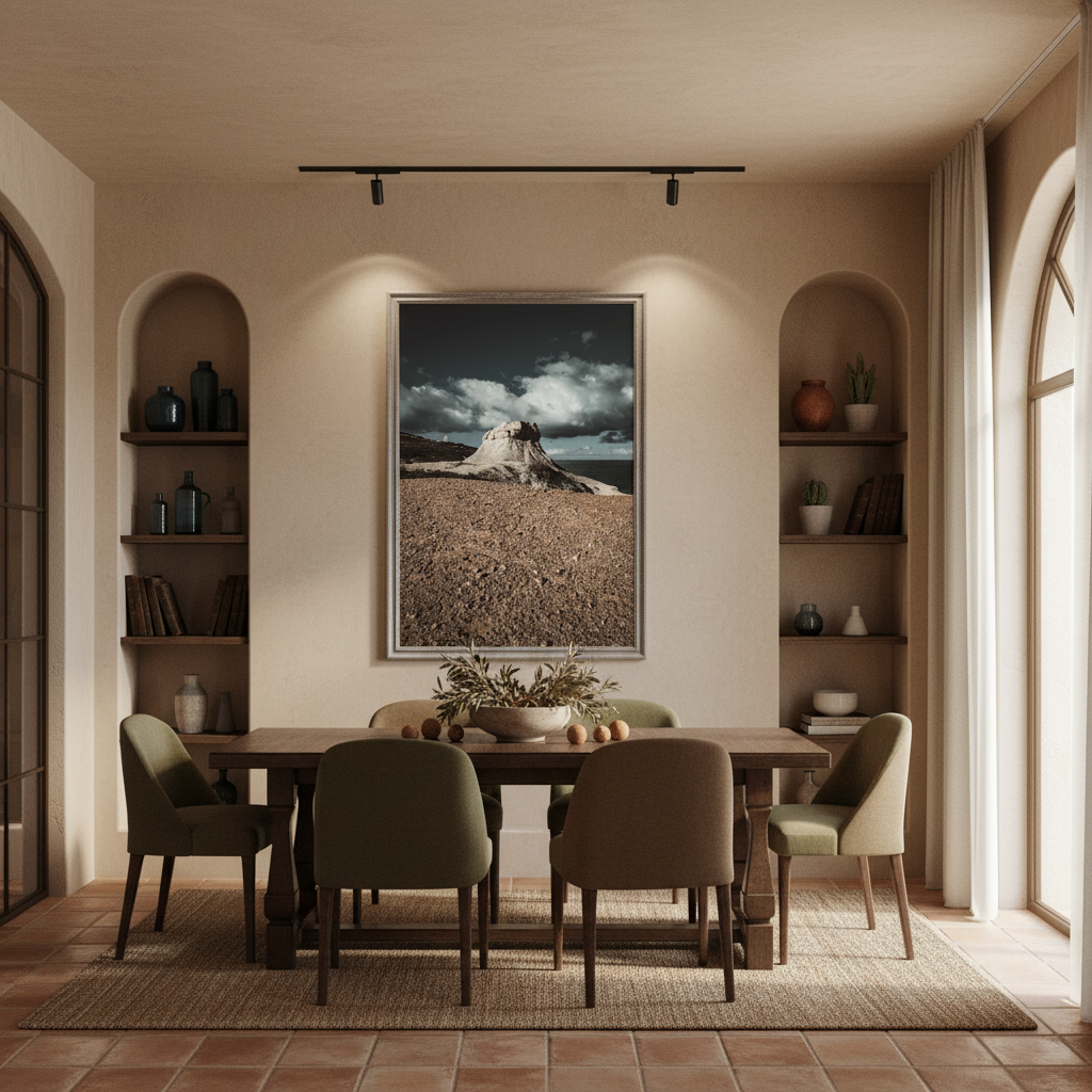 A person gazes at the "Gozo Qbajjar Qolla Bajda Dusk" print, which hangs on a sun-drenched living room wall, with a monstera plant in the foreground.