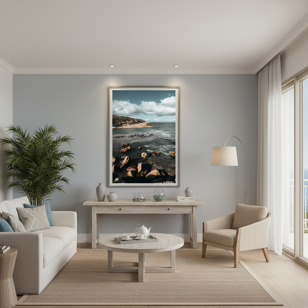 Gozo Qbajjar Xwejni Coastline mockup #1 in a lifestyle setting, captured from a drone perspective, showcasing the natural beauty of the coastline