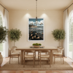 Gozo Qbajjar Xwejni Coastline artwork displayed in a bright, modern living room with a person relaxing on a sofa, enjoying the view.