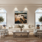 A woman in a white dress and sun hat stands on the golden sands of Ramla Bay in Gozo, looking out at the turquoise Mediterranean Sea. The beach is backed by red cliffs and lush green vegetation under a clear blue sky.