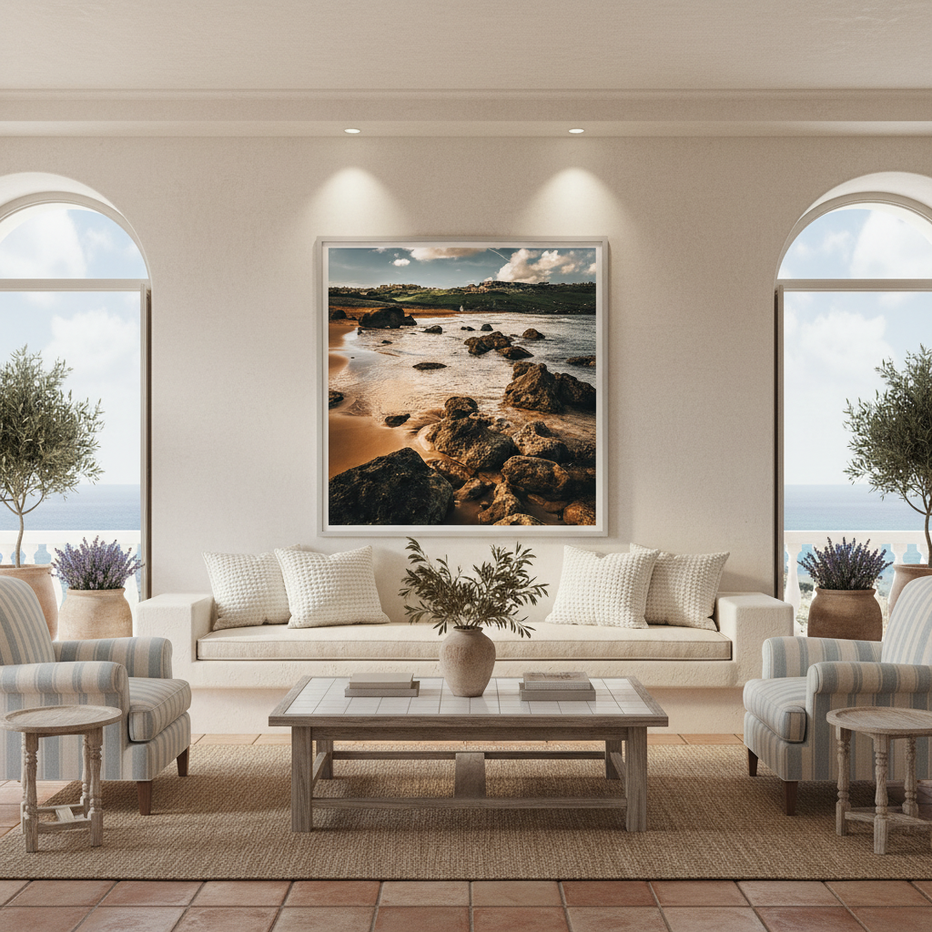 A woman in a white dress and sun hat stands on the golden sands of Ramla Bay in Gozo, looking out at the turquoise Mediterranean Sea. The beach is backed by red cliffs and lush green vegetation under a clear blue sky.