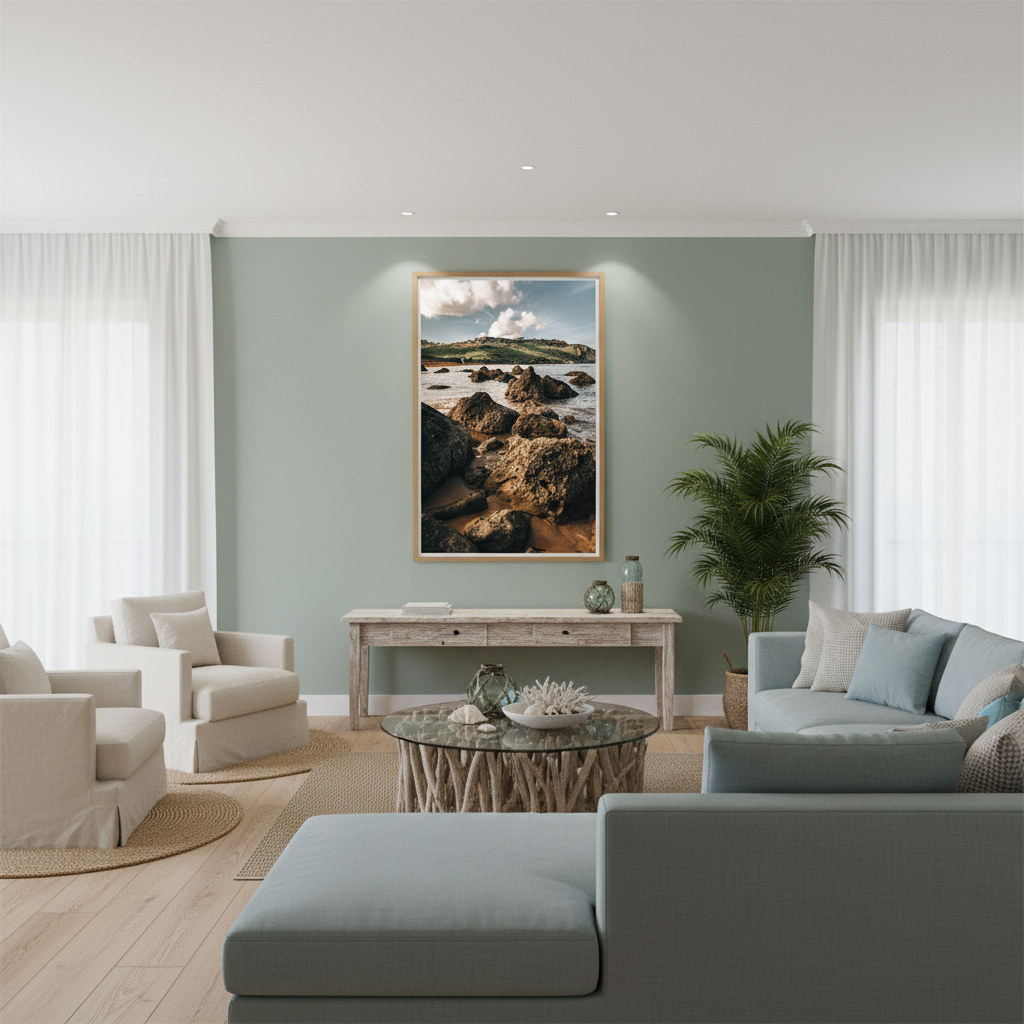 A person in a flowing white dress stands on a rocky beach, gazing out at the clear turquoise sea under a bright sky. The 'Gozo Ramla Rocks' necklace is subtly visible around their neck, blending with the natural, serene environment.