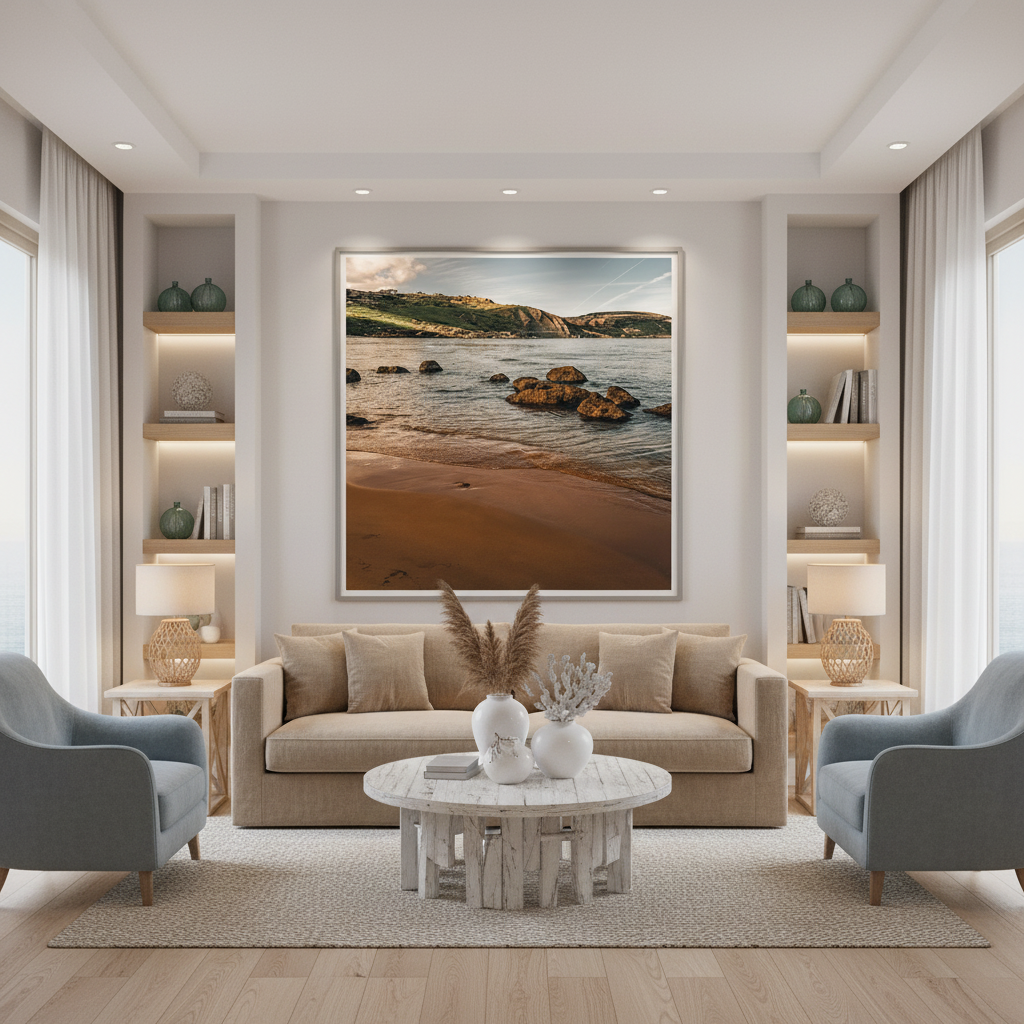A person in a sun hat is walking along the sandy Ramla Bay shoreline in Gozo, with turquoise water reaching the shore and limestone cliffs in the background under a blue sky.