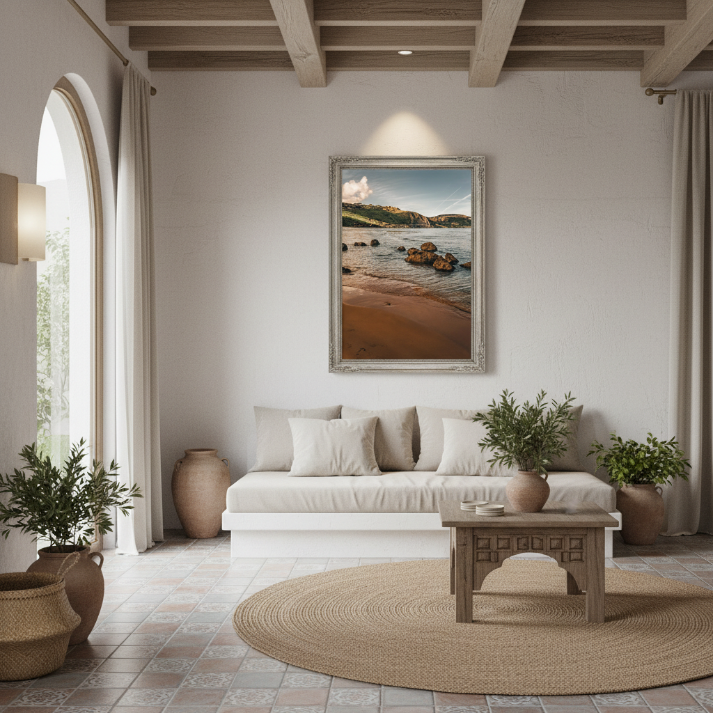 Gozo Ramla Shoreline mockup #2, a family with two young children playing in the sand and shallow water at Ramla Bay, Gozo, with the shoreline and red sand in the background, depicting a joyful family vacation.