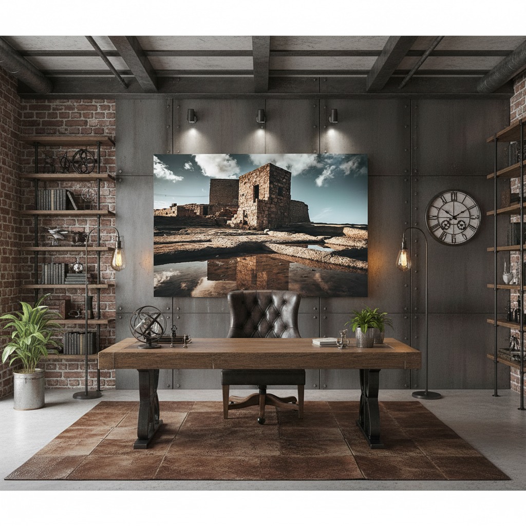 Gozo Qbajjar Battery Reflections wall art displayed in a modern living room with a grey sofa, wooden coffee table, and a large window offering natural light