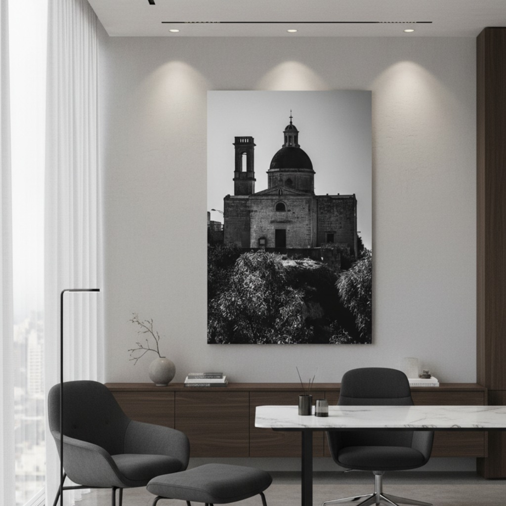 Malta Mtahleb Church Dome & Bell Tower wall art displayed in a bright, minimalist living room with a neutral sofa and throw pillows, alongside a plant.