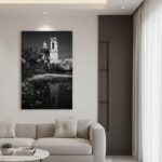 Modern living room with black and white wall art