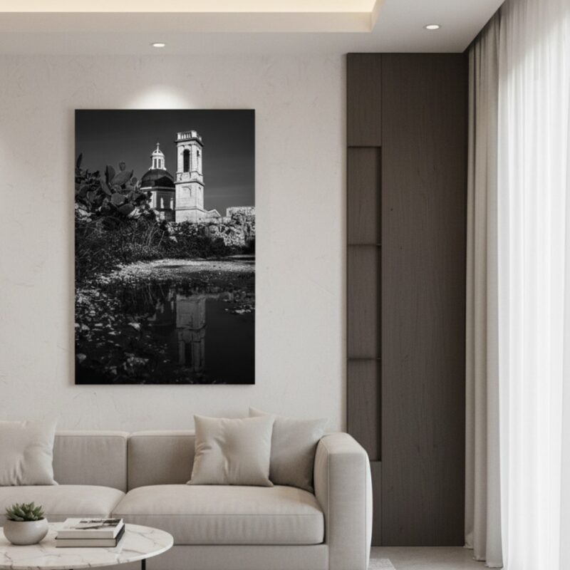 Modern living room with black and white wall art