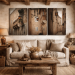 Rustic living room with beige decor and wall art