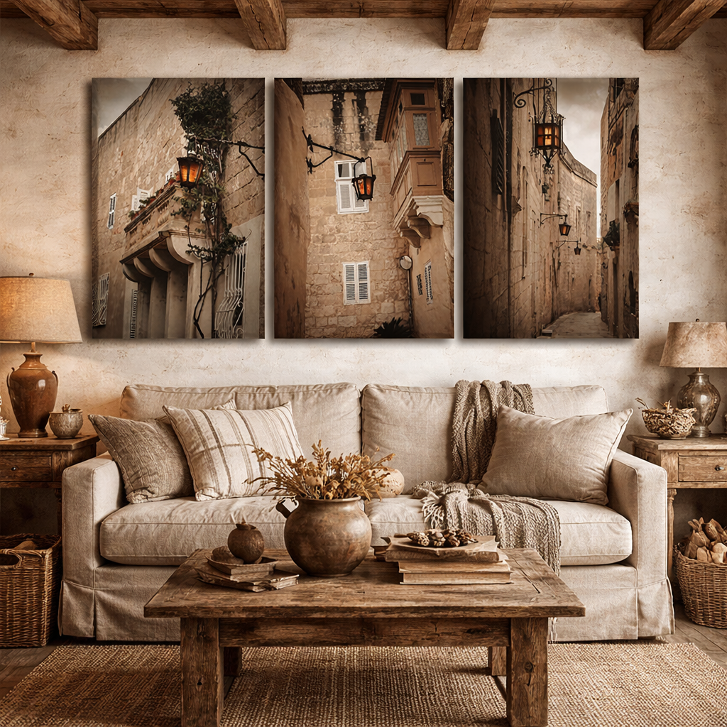 Rustic living room with beige decor and wall art