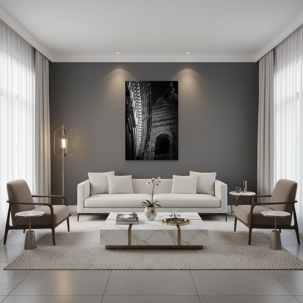 A large, framed print of the Mgarr Malta Church Arch hangs above a modern, light-colored sofa with throw pillows in a minimalist living room.