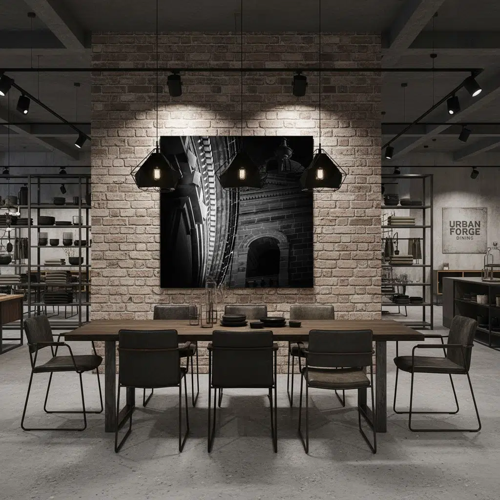 A large, framed print of the Mgarr Malta Church Arch hangs above a modern sofa in a brightly lit living room, with a decorative vase and books on a coffee table in the foreground.