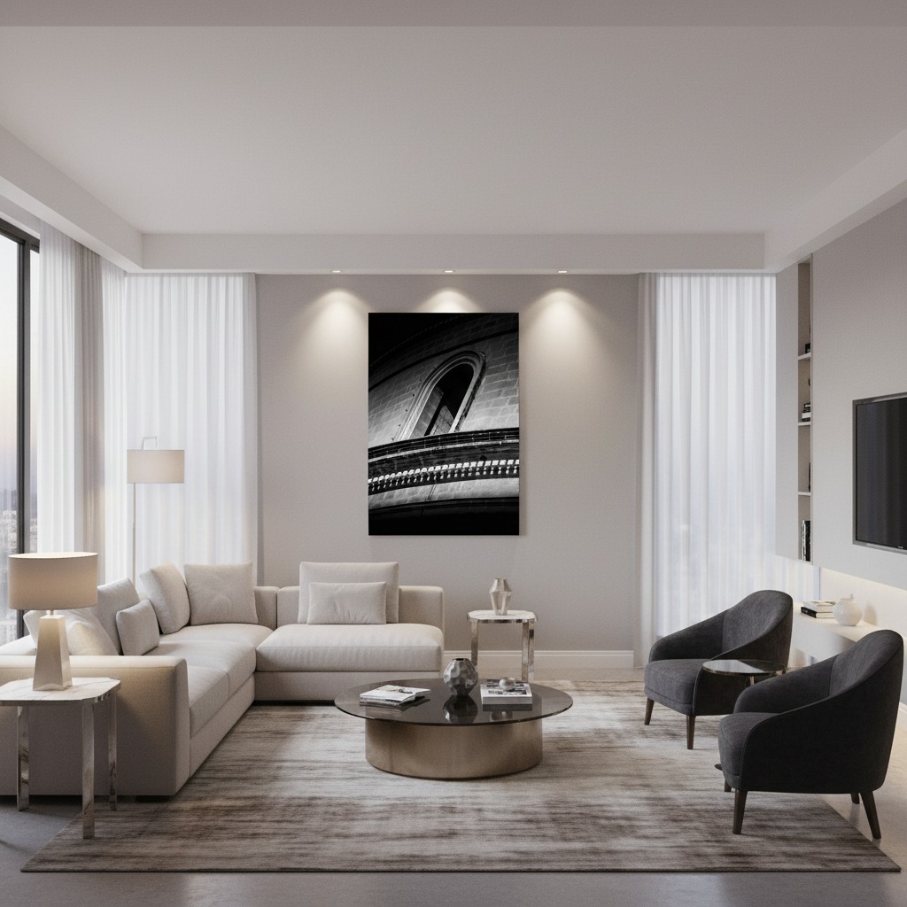 A serene living room with a large window overlooking a sunny landscape, featuring a