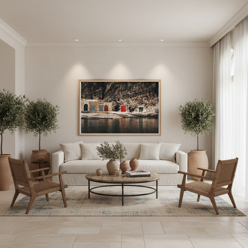 Gozo Dwejra Chromatic Doors wall art hanging above a modern sofa in a bright, minimalist living room with a houseplant and natural light