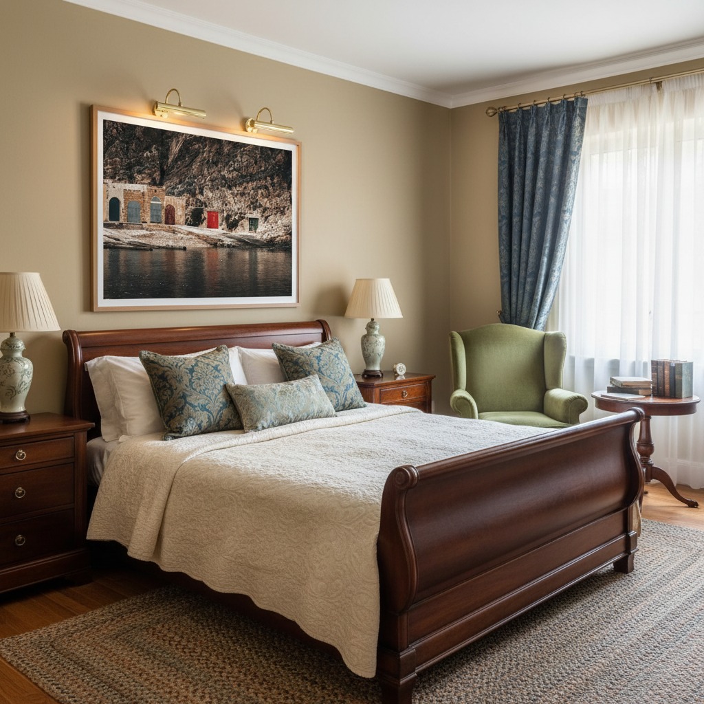 Gozo Dwejra Chromatic Doors wall art displayed above a modern fireplace with a minimalist mantelpiece, flanked by green plants, creating a serene living room ambiance.