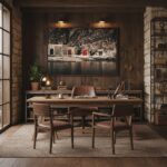 A person in a modern, minimalist living room looking at a large framed print of "Gozo Dwejra Chromatic Doors" wall art hanging on a white wall above a sleek, light-colored sofa.