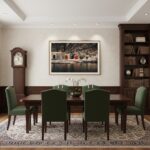 A beautifully designed white living room featuring a large window, a minimalist light gray sofa with throw pillows, a modern gold-finish coffee table, and a vibrant 'Gozo Dwejra Chromatic Doors' wall art print hanging centrally on the back wall, adding a pop of color and artistic flair to the sophisticated space.