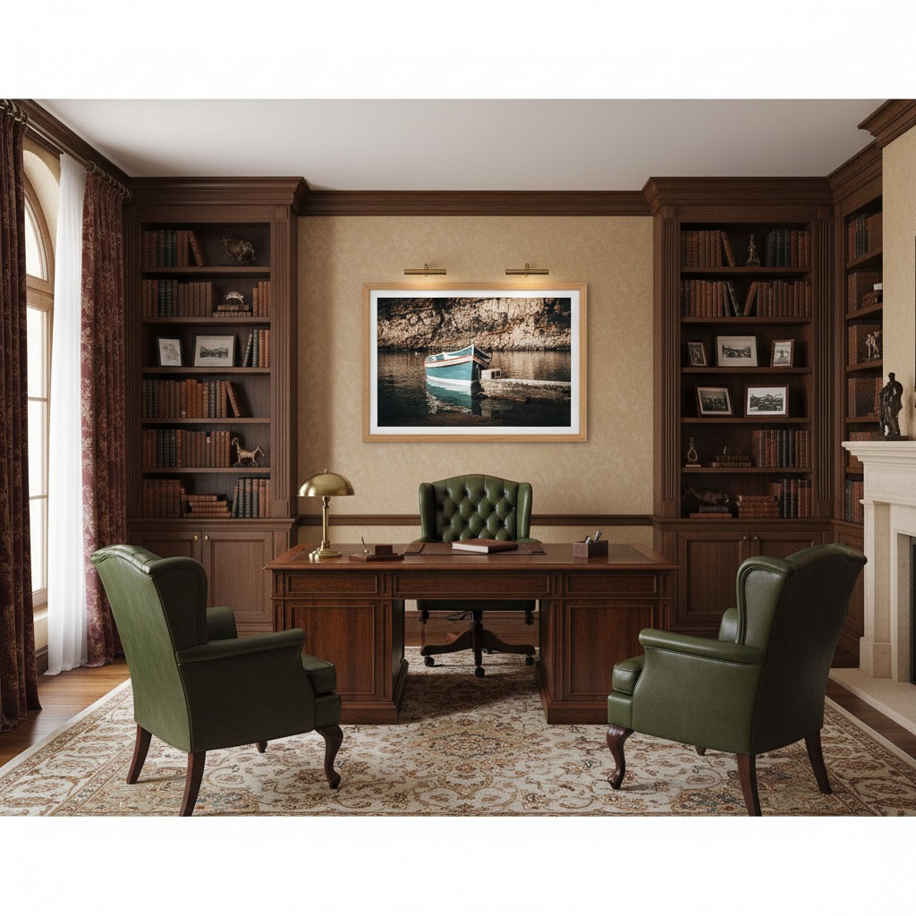 Gozo Dwejra Luzzu wall art in a modern living room with a grey sofa, wooden coffee table, and a large window with natural light.