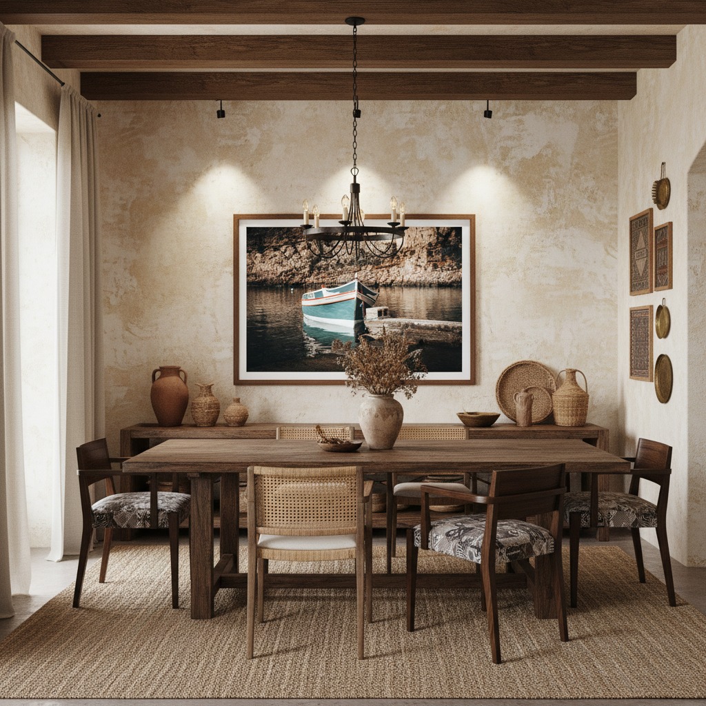 Gozo (Malta) Dwejra Luzzu traditional fishing boat digital art print displayed in a modern, minimalist living room above a sofa with natural light coming in from a window