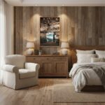 Cozy bedroom with wooden decor and boat artwork