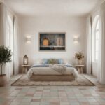 Gozo Dwejra Yellow Archway Wall Art displayed in a modern living room above a sofa with decorative pillows and a coffee table with books and a plant, showcasing the artwork in a home environment.