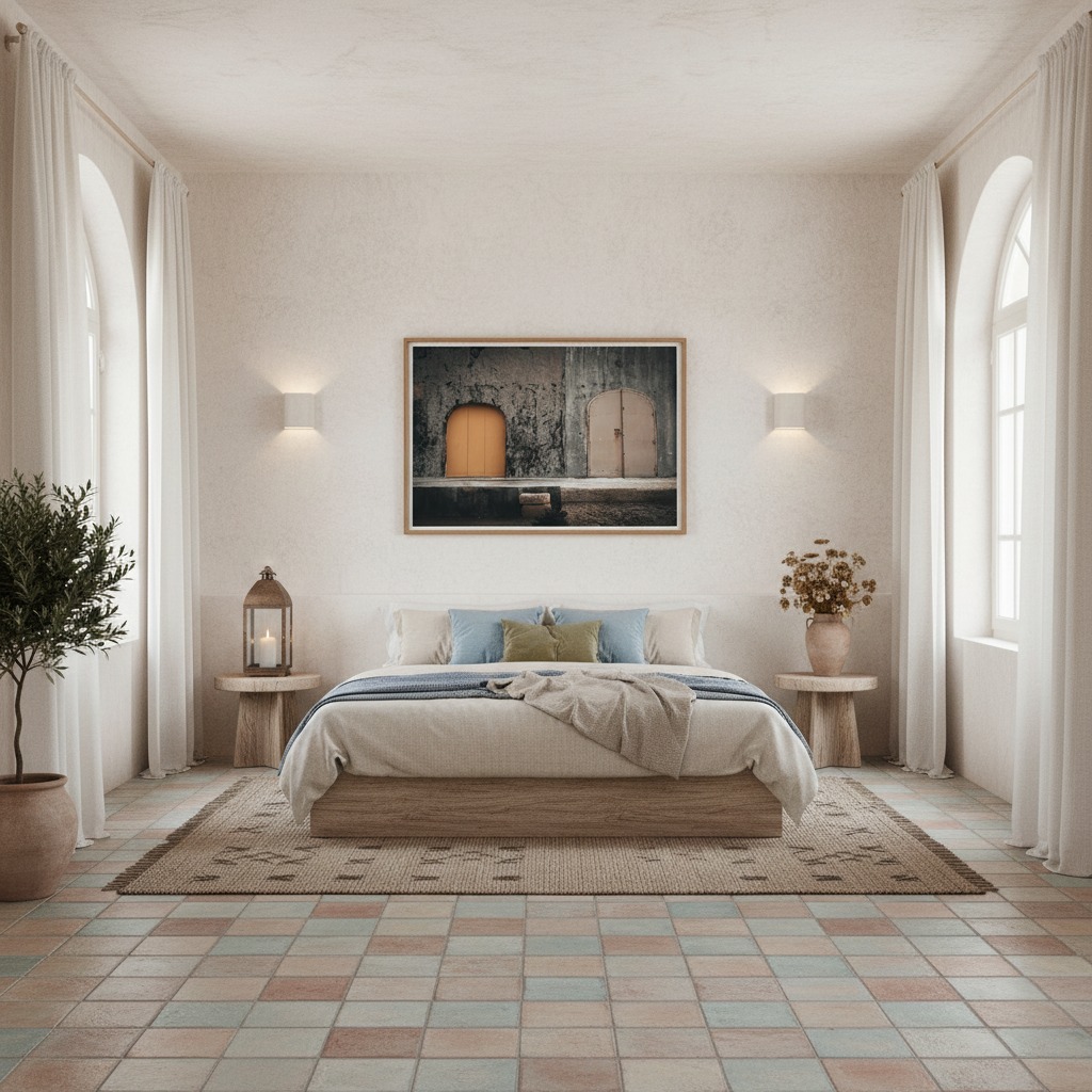 Gozo Dwejra Yellow Archway Wall Art displayed in a modern living room above a sofa with decorative pillows and a coffee table with books and a plant, showcasing the artwork in a home environment.