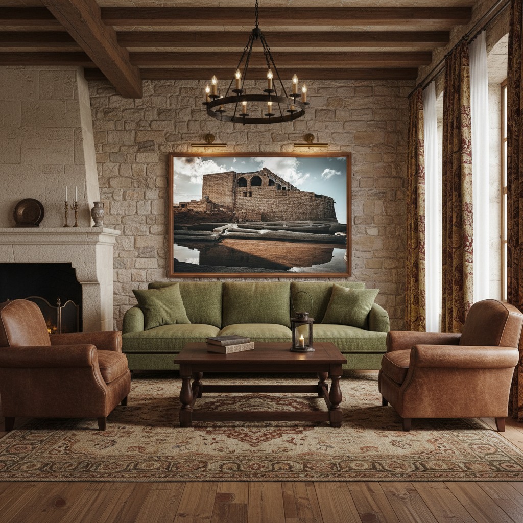 A framed print of Gozo Qbajjar Battery Arches wall art hanging on a white wall above a wooden sideboard with a vase of flowers, in a modern and bright living room.