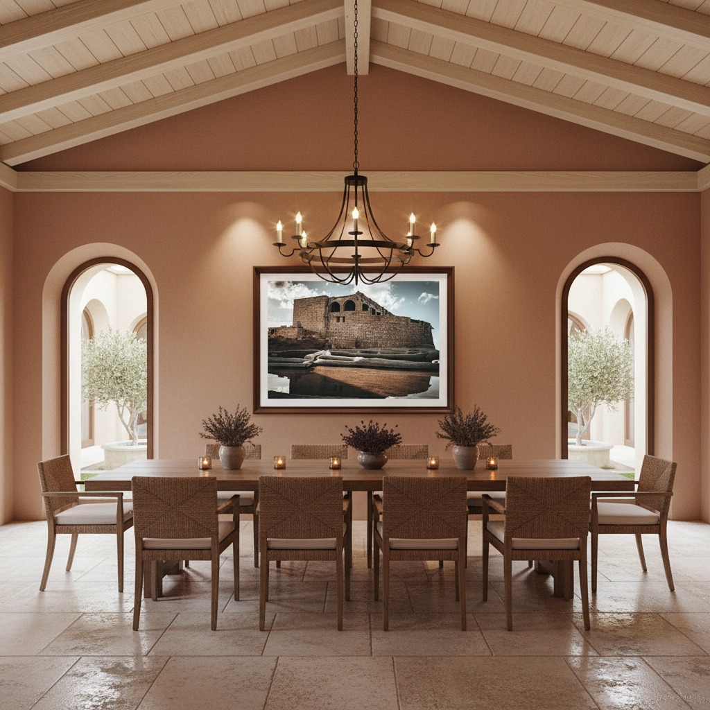 A large, framed print of the 'Gozo Qbajjar Battery Arches' mounted on a light gray wall above a modern, minimalist sofa with a woven throw and decorative pillows. A potted plant sits on a small side table next to the sofa.