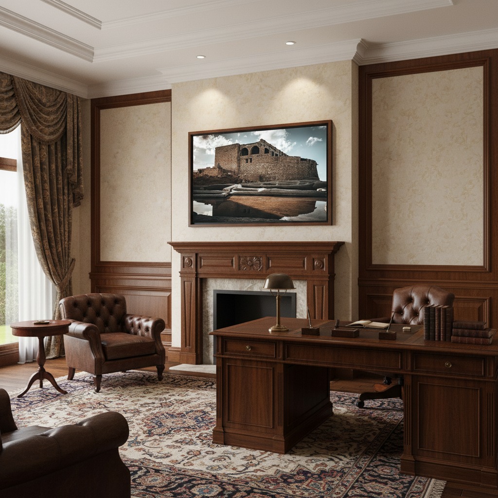 Gozo Qbajjar Battery Arches wall art in a modern living room with a grey sofa, wooden coffee table, and a large window offering natural light.