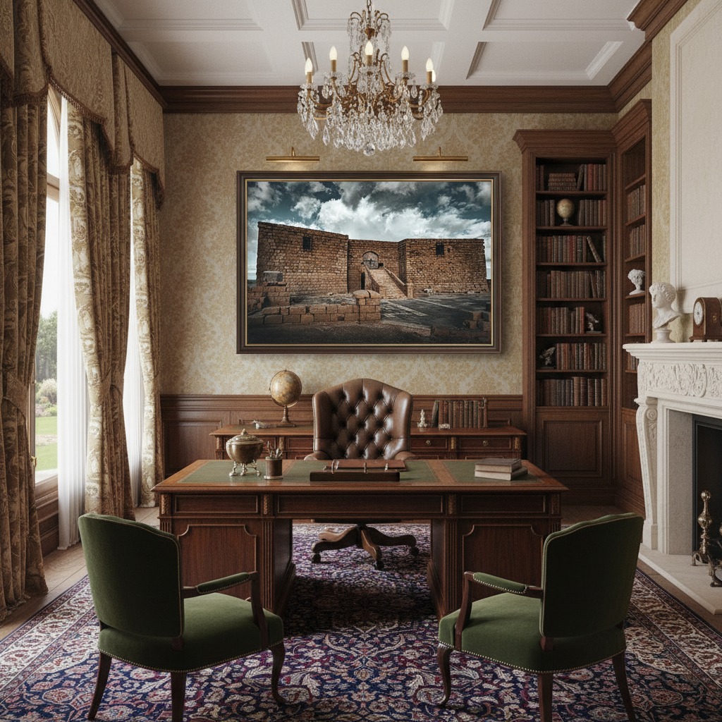 A beautifully designed living room with a large, vibrant 'Gozo Qbajjar Battery Gateway - Wall Art' proudly displayed above a modern sofa. Sunlight streams through a nearby window, illuminating the artwork and the cozy, contemporary decor.