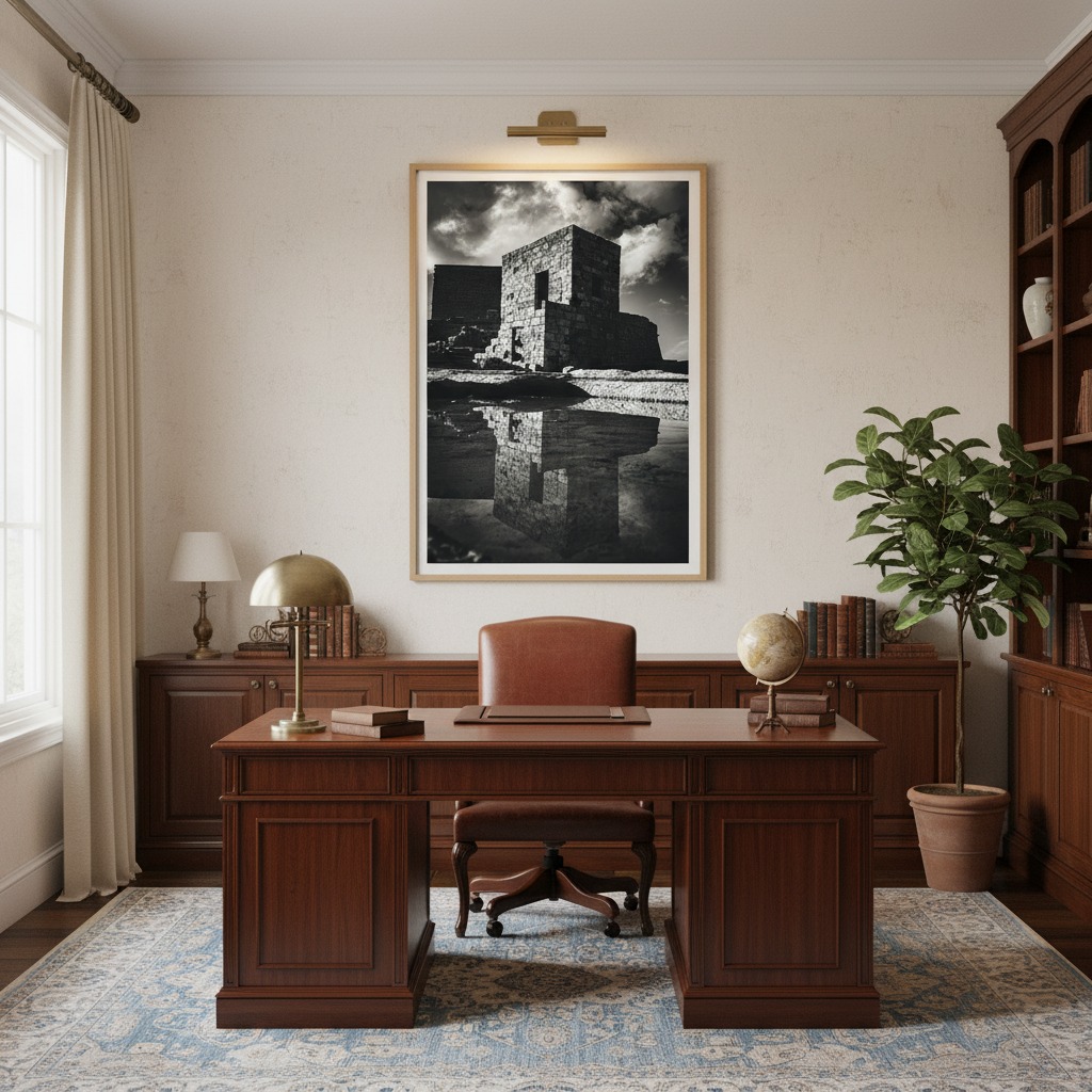 Gozo Qbajjar Battery Monochrome wall art displayed in a modern living room above a sofa with natural light.