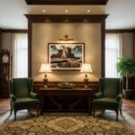 A large, framed print of Gozo Qbajjar Battery Reflections - Wall Art hanging on a light gray wall above a modern, light wood sideboard with a green plant and a few books. The room has a minimalist and natural aesthetic.