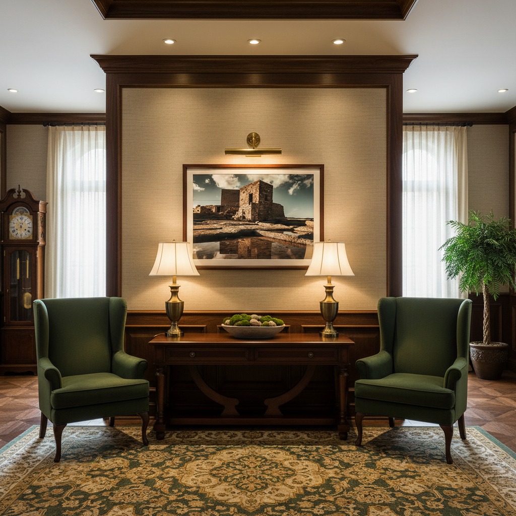 A large, framed print of Gozo Qbajjar Battery Reflections - Wall Art hanging on a light gray wall above a modern, light wood sideboard with a green plant and a few books. The room has a minimalist and natural aesthetic.